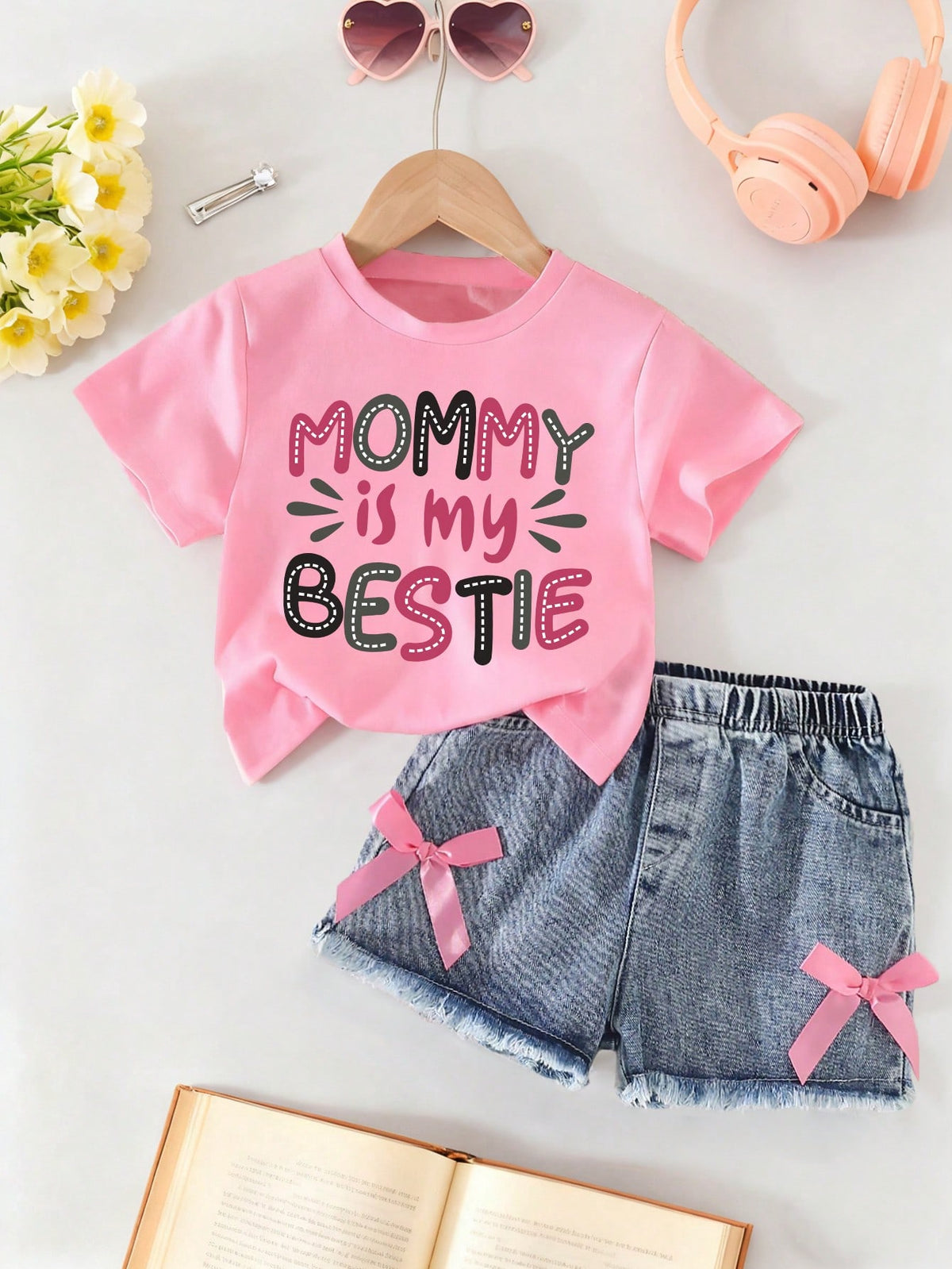 Baby Girl Letter Print Short Sleeve Top And Solid Color Denim Shorts