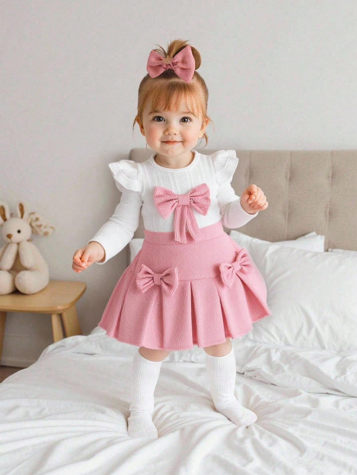 White Ruffle Top & Pink Bow Skirt (2 pcs set)