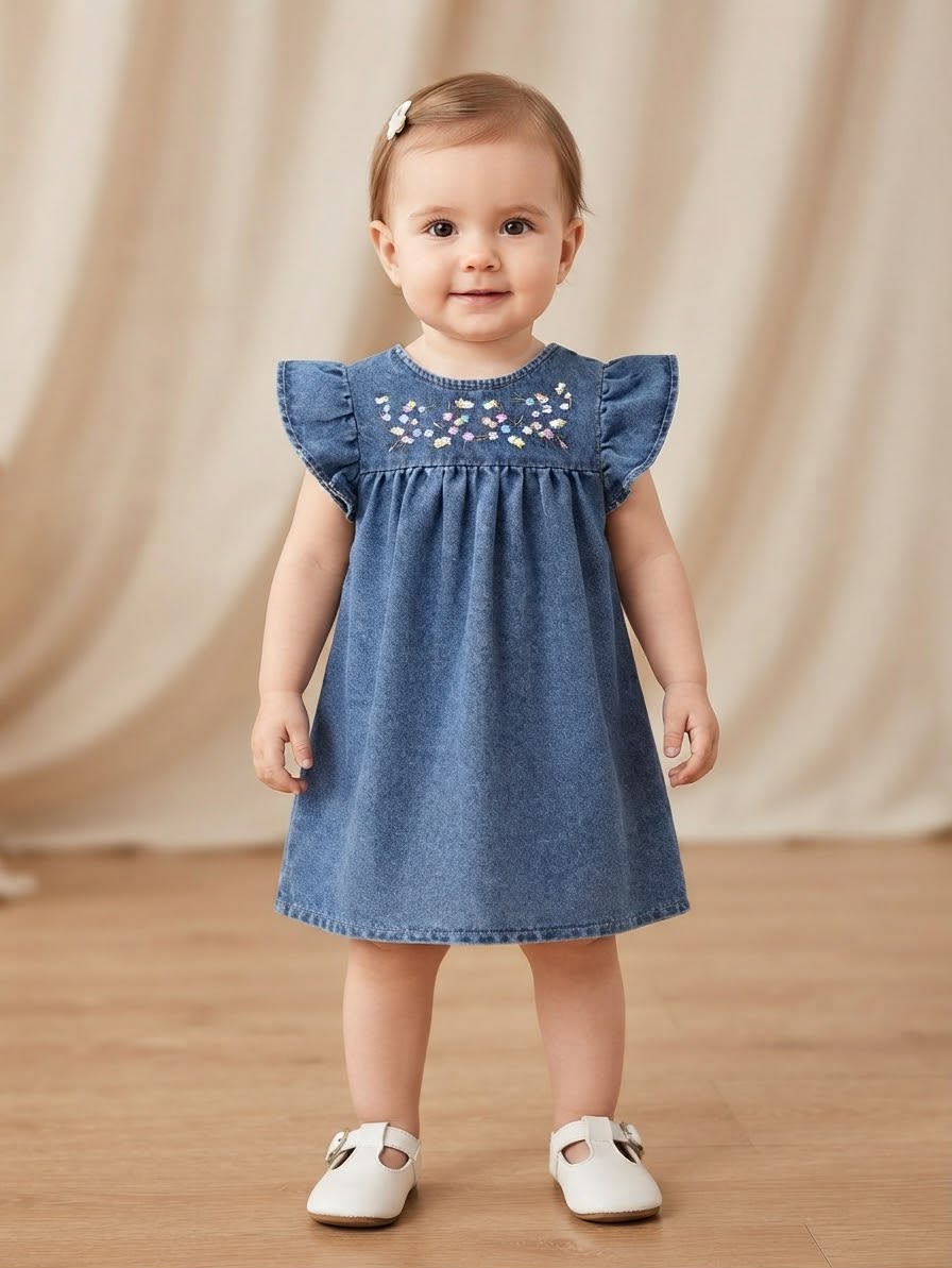 Flutter Sleeve Denim Dress with Floral Embroidery