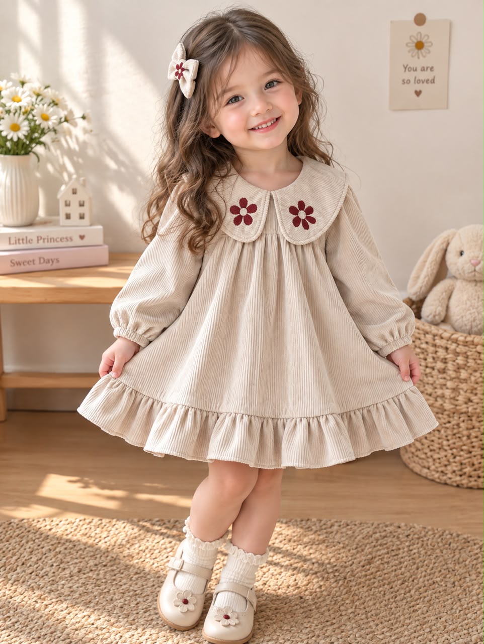 Beige Ruffle Hem Dress with Embroidered Collar