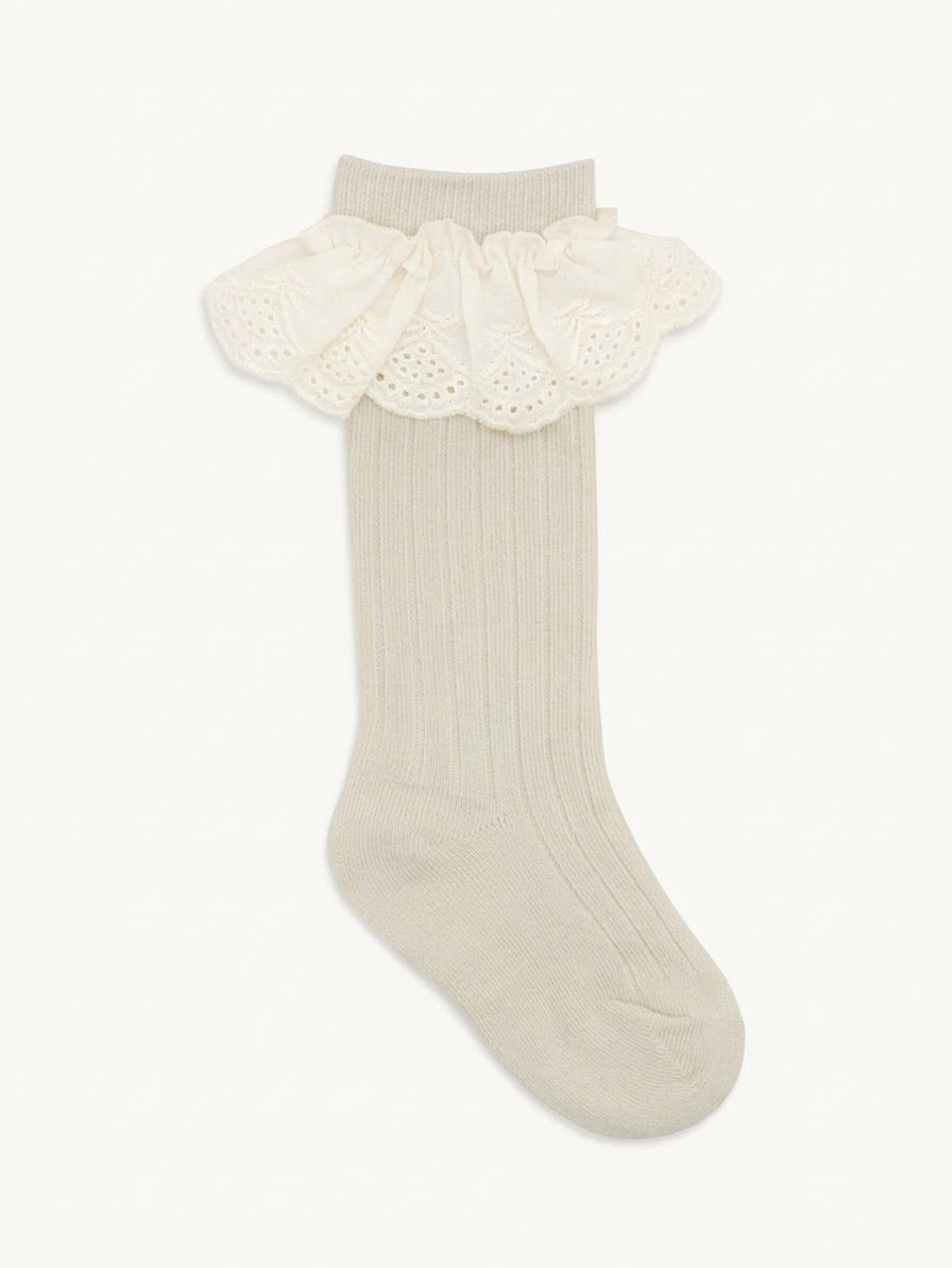 Oatmeal Lace Ruffle Calf Socks