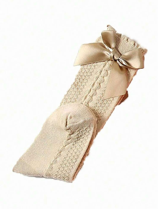 Beige Cable Knit Mid-Calf Socks with Bow