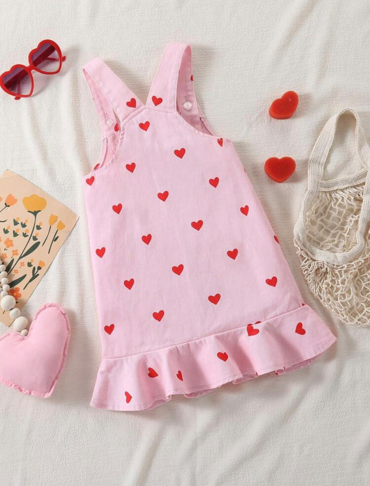 Pink Heart Print Suspender Dress with Ruffle Hem