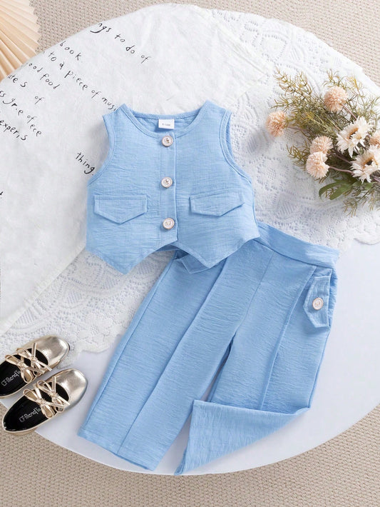 2pcs Baby GirlSummer Casual Blazer Top And Straight Leg Pants Set