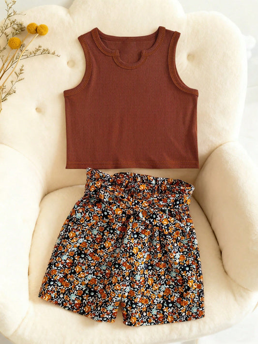 2pcs/Set Baby Girls' Summer Sleeveless Outfit