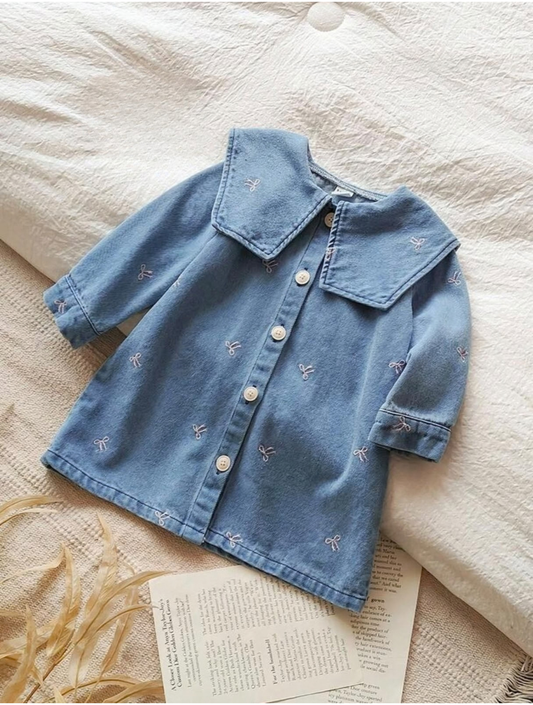 Sailor Collar Denim Dress with Long Sleeves