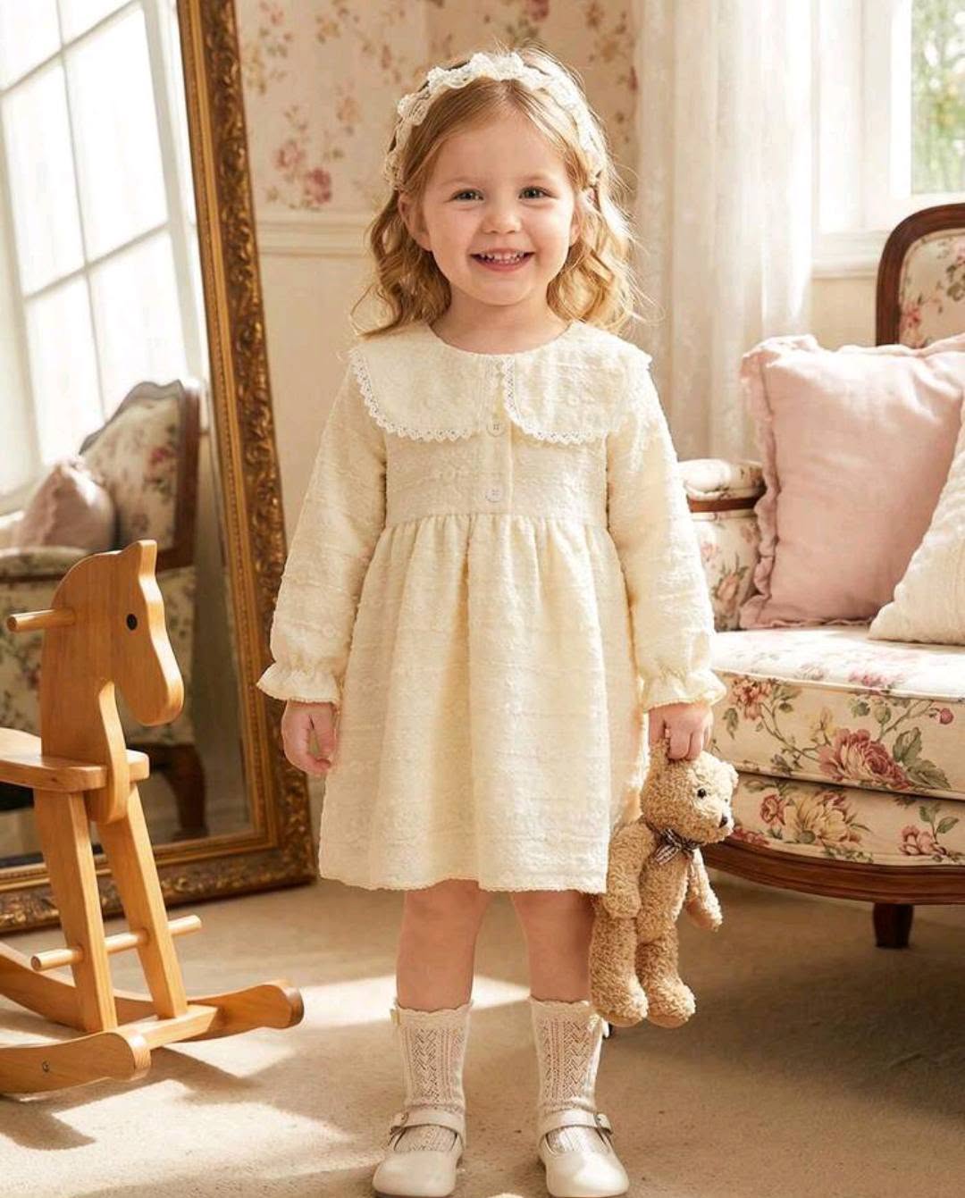 Beige Peter Pan Collar Long Sleeve Dress with Lace Trim