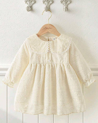 Beige Peter Pan Collar Long Sleeve Dress with Lace Trim