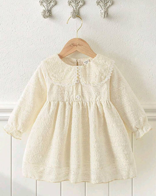 Beige Peter Pan Collar Long Sleeve Dress with Lace Trim