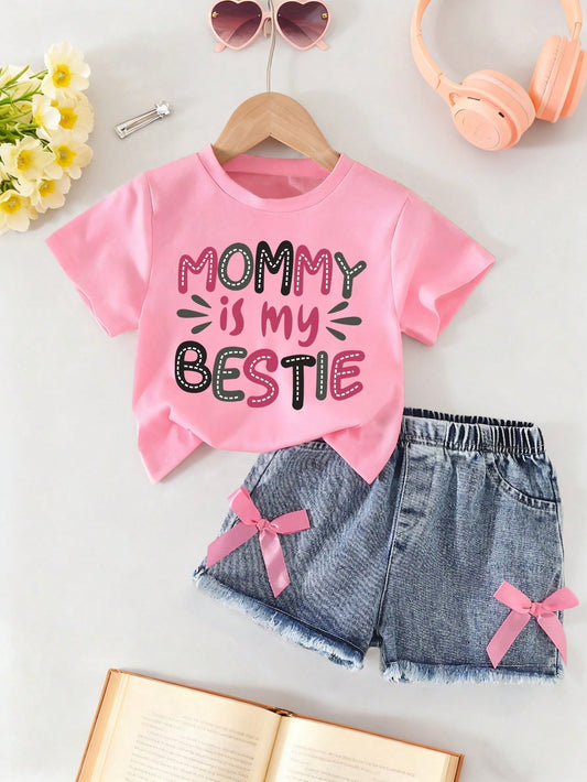 Baby Girl Letter Print Short Sleeve Top And Solid Color Denim Shorts