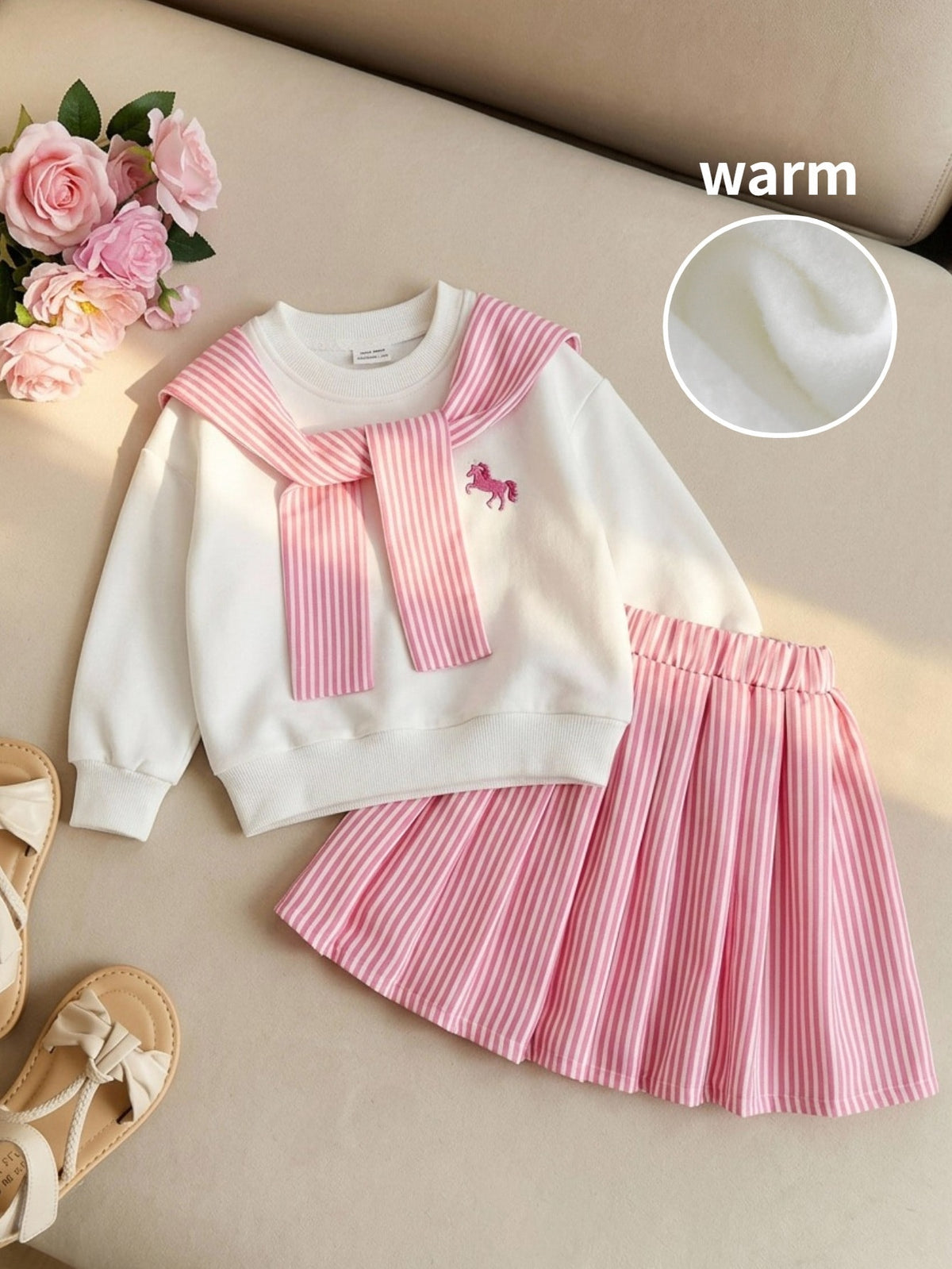 Baby Girl Knitted Round Neck Sweatshirt, Skirt And Striped Shawl 3 Pieces Set