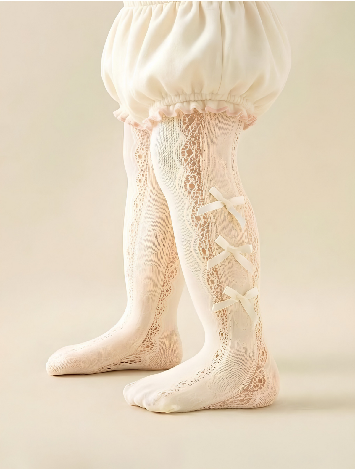 Cream Side Bow Hollow Mesh Tights (1 pc)