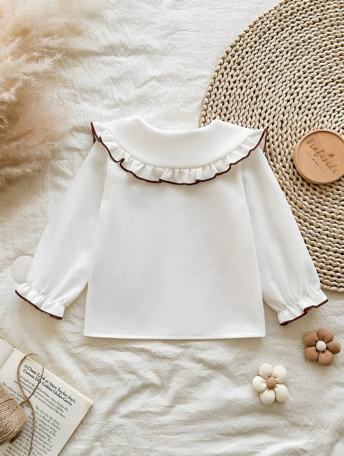 White Cotton Blouse with Embroidered Ruffle Collar