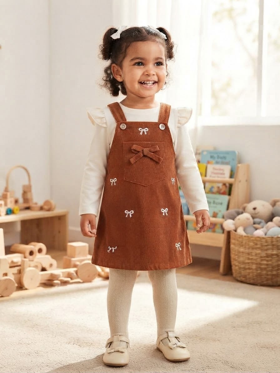 Rust Bow Pinafore & Long Sleeve Top (2 pcs set)
