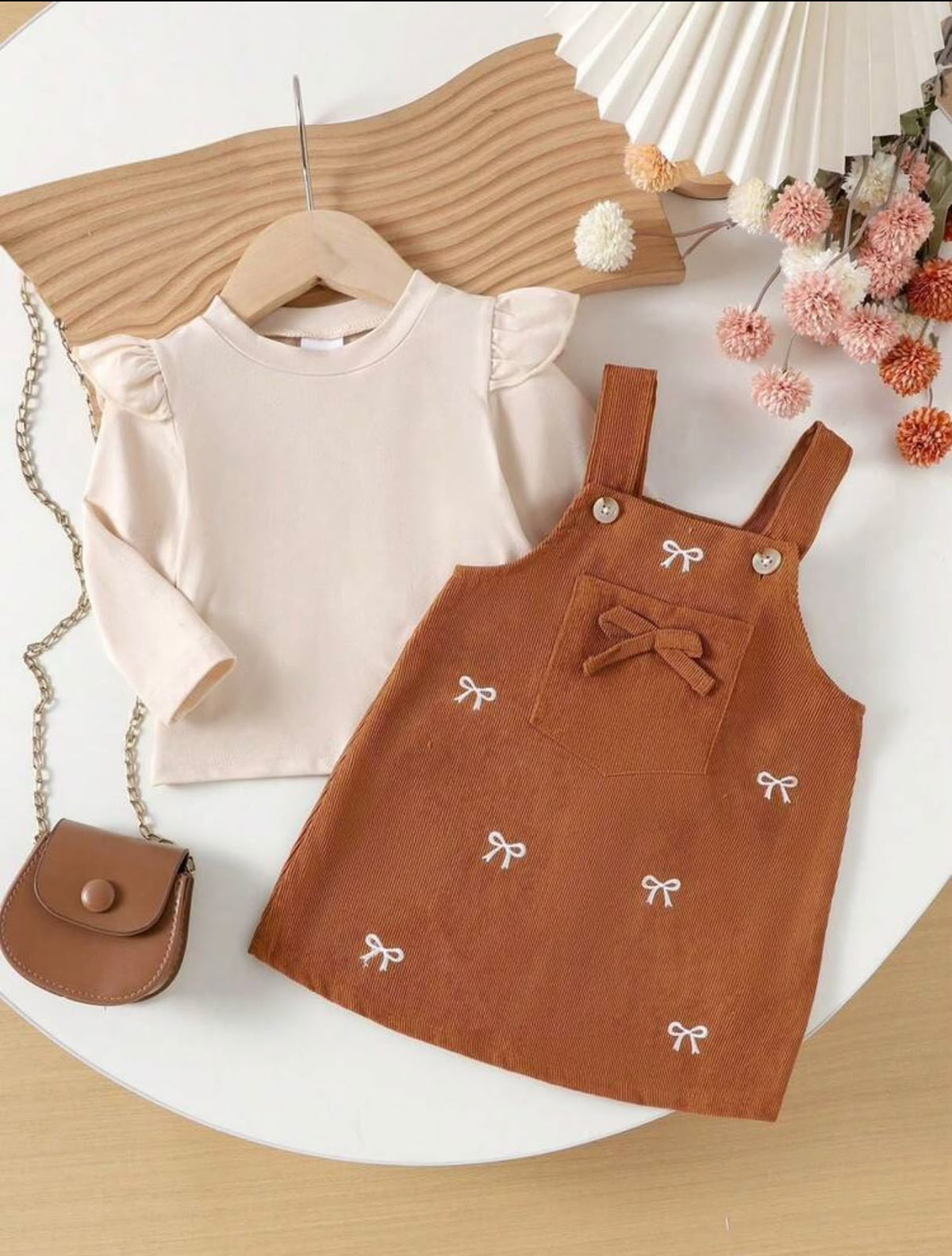 Rust Bow Pinafore & Long Sleeve Top (2 pcs set)