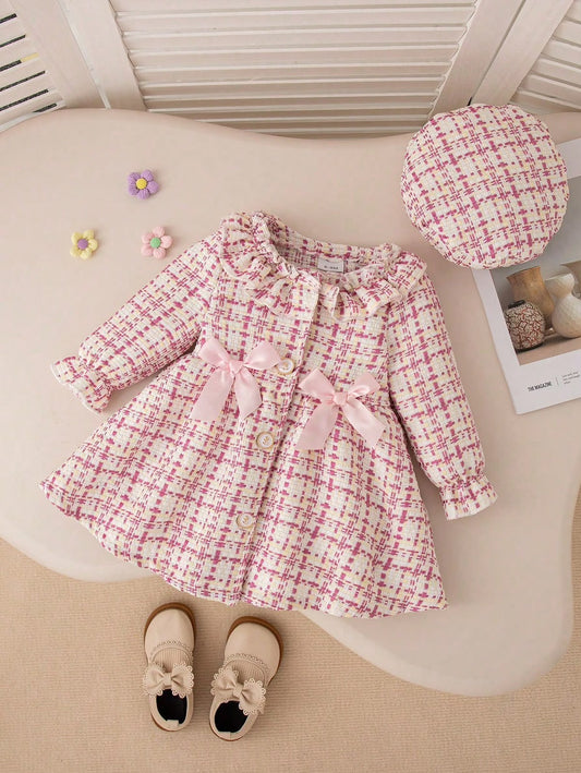 Pink Plaid Dress & Beret (2 pcs set)
