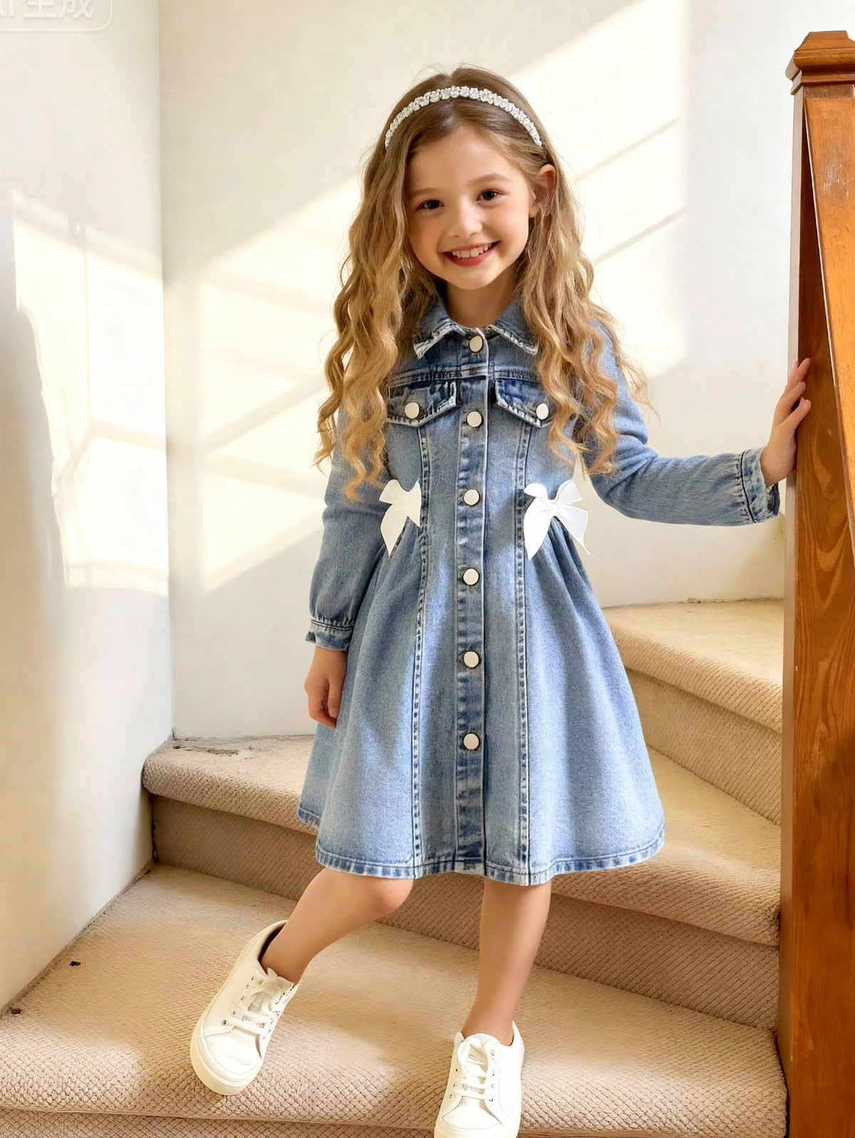 Light Wash Denim Dress with Puffed Sleeves