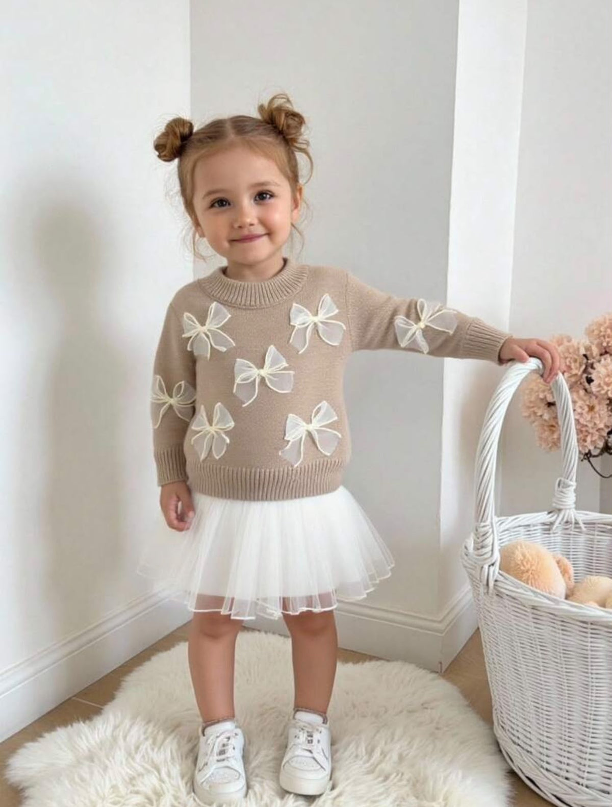 Beige Knit Sweater with Tulle Bows