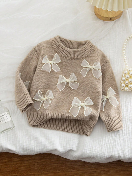 Beige Knit Sweater with Tulle Bows
