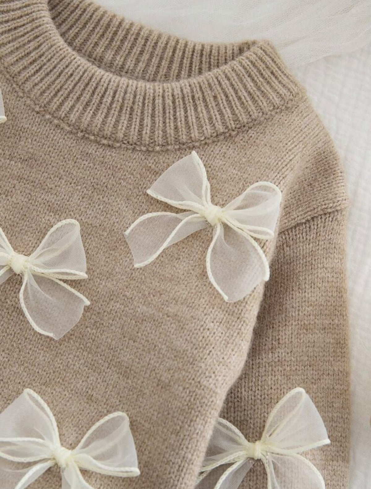 Beige Knit Sweater with Tulle Bows