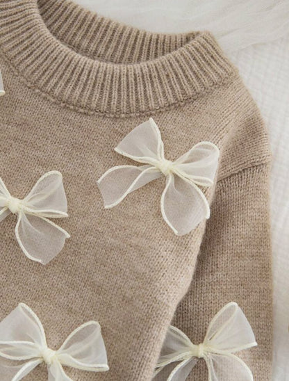 Beige Knit Sweater with Tulle Bows