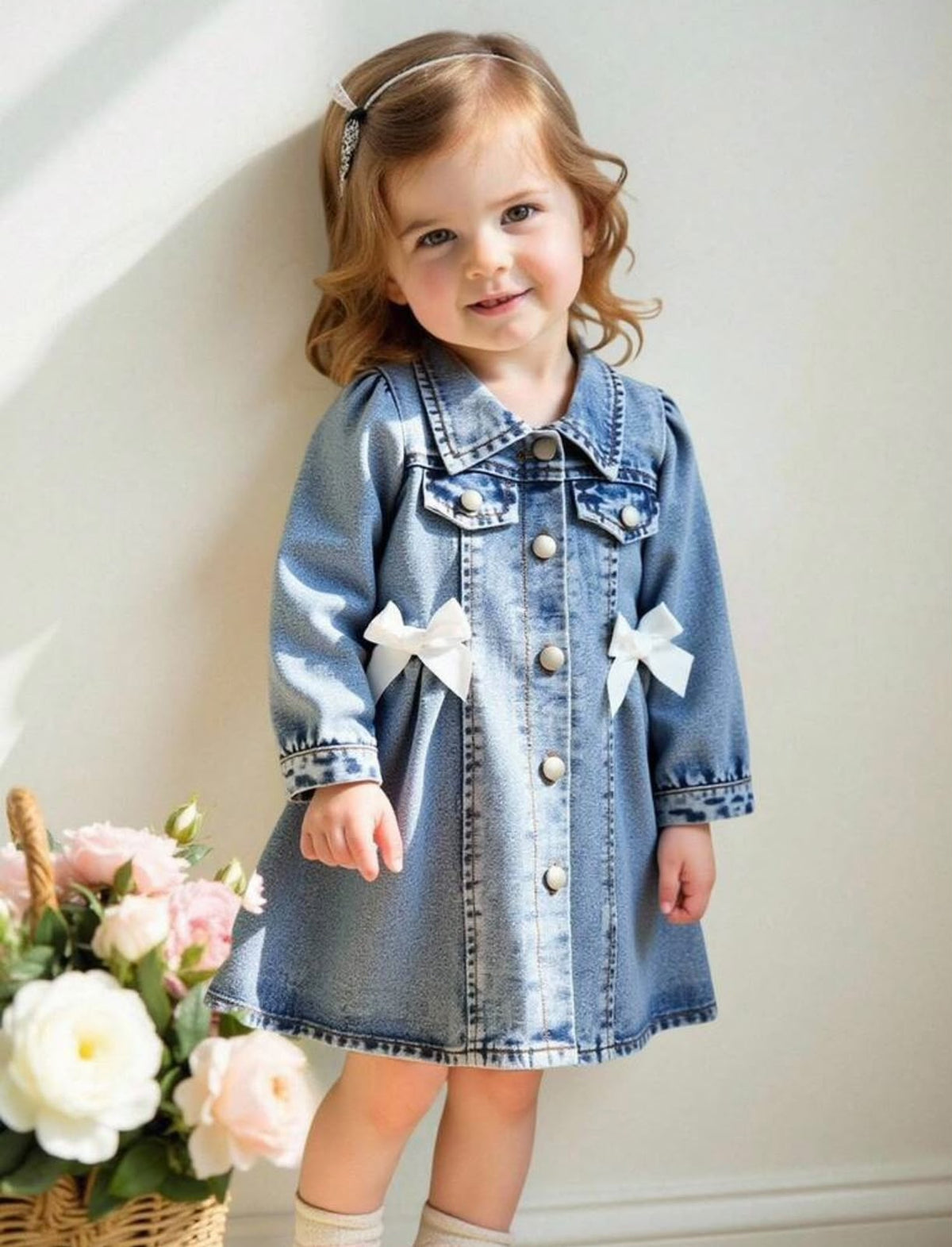 Blue Denim Mini Dress with White Bows