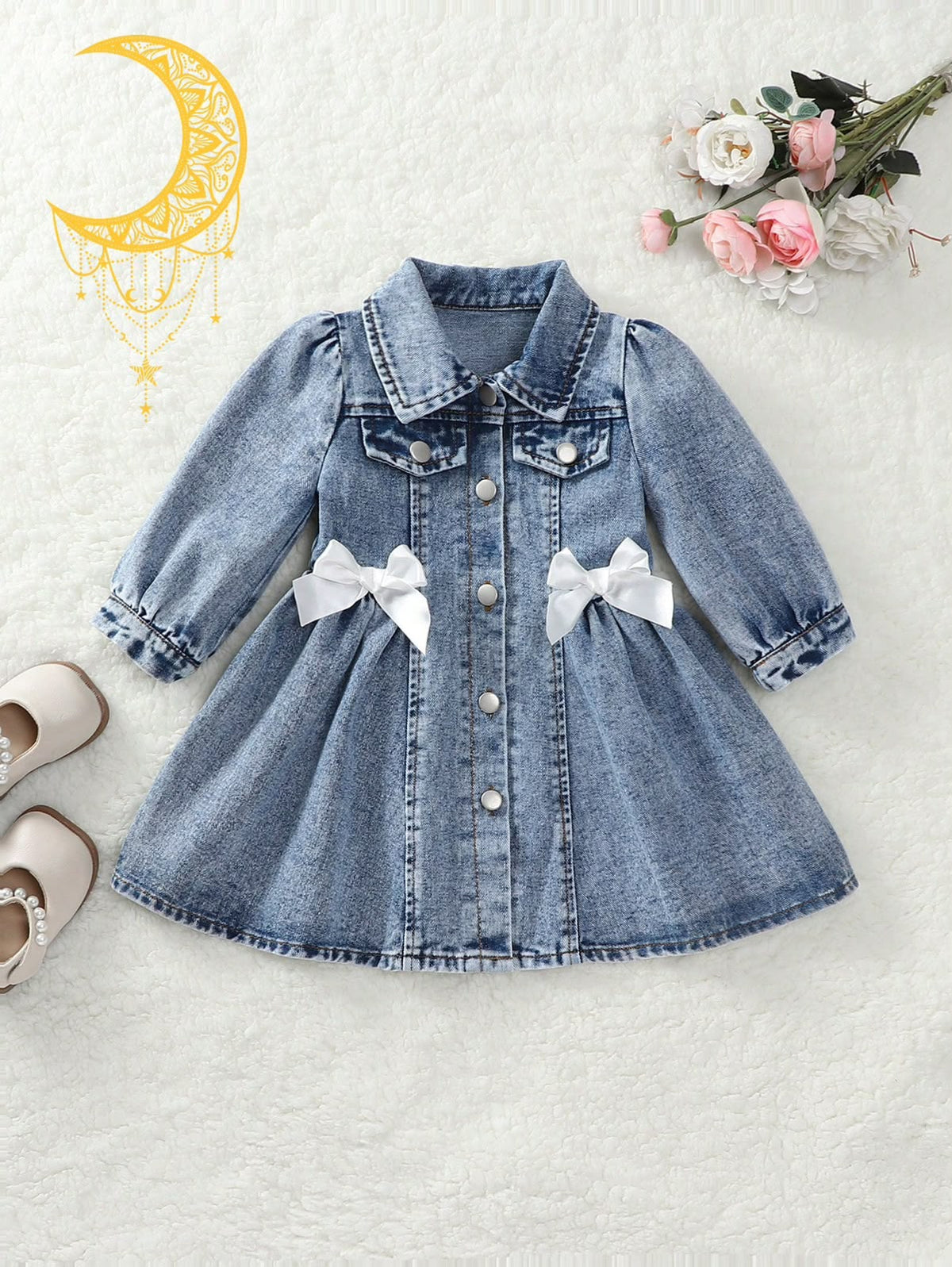 Blue Denim Mini Dress with White Bows