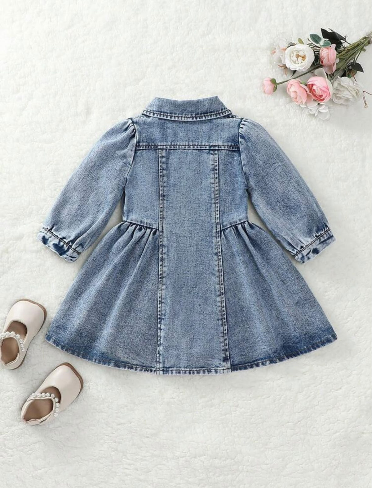 Blue Denim Mini Dress with White Bows