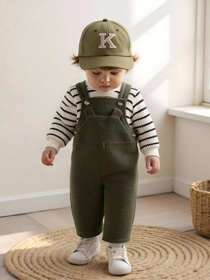 Olive Corduroy Overalls & Striped Top (2 pcs set)