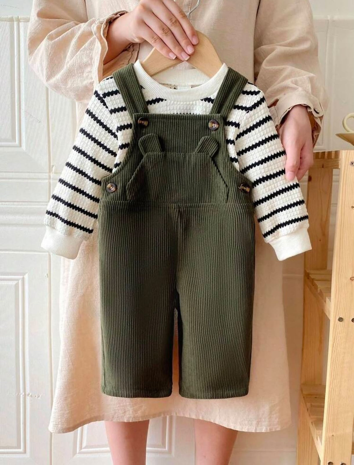 Olive Corduroy Overalls & Striped Top (2 pcs set)
