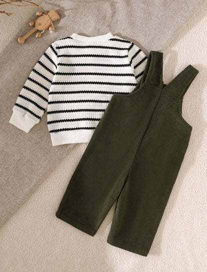Olive Corduroy Overalls & Striped Top (2 pcs set)
