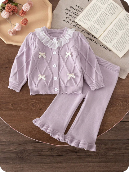 Lilac Knit Cardigan & Wide Leg Pants (2 pcs set)