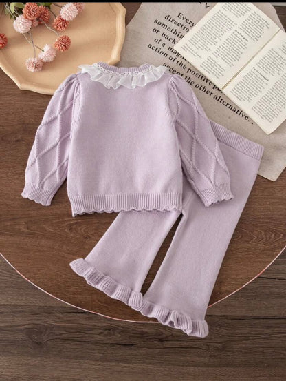 Lilac Knit Cardigan & Wide Leg Pants (2 pcs set)