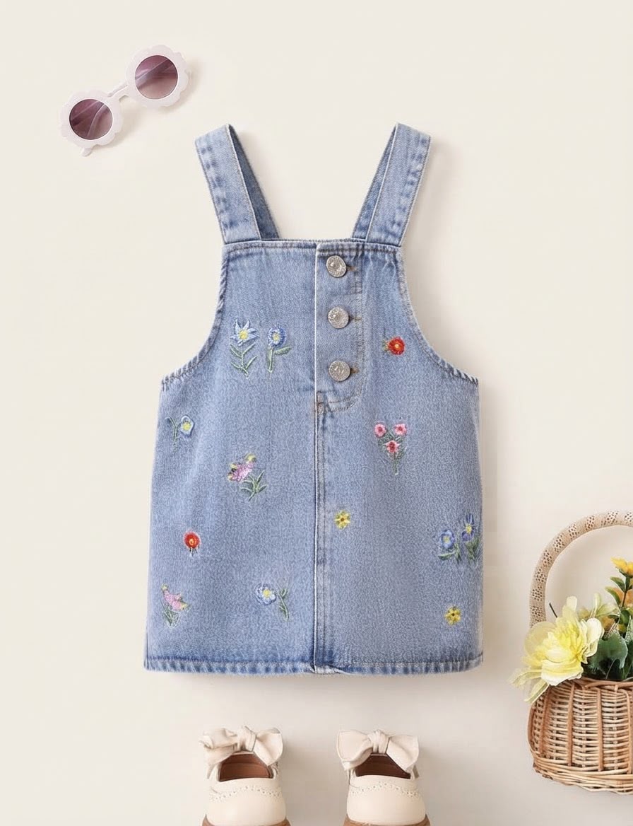 Embroidered Floral Denim Overall Dress