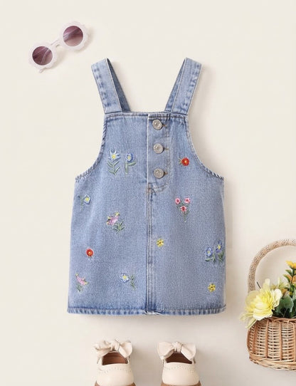 Embroidered Floral Denim Overall Dress