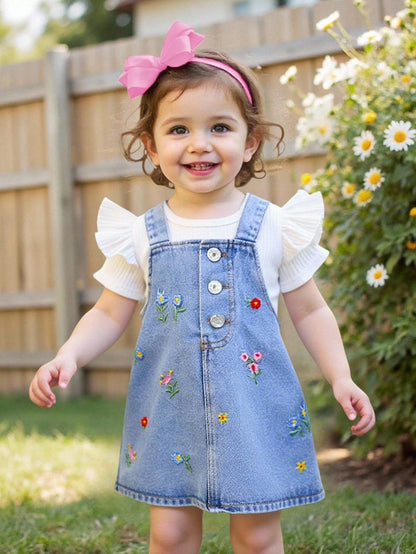 Embroidered Floral Denim Overall Dress