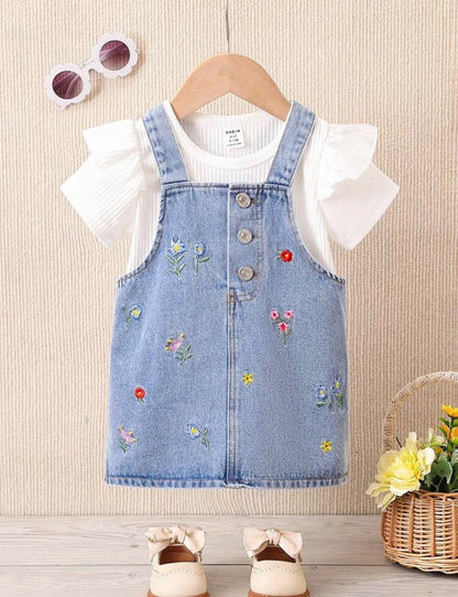 Embroidered Floral Denim Overall Dress