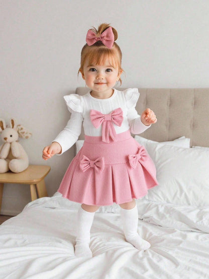 White Ruffle Top & Pink Bow Skirt (2 pcs set)