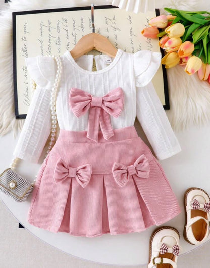 White Ruffle Top & Pink Bow Skirt (2 pcs set)
