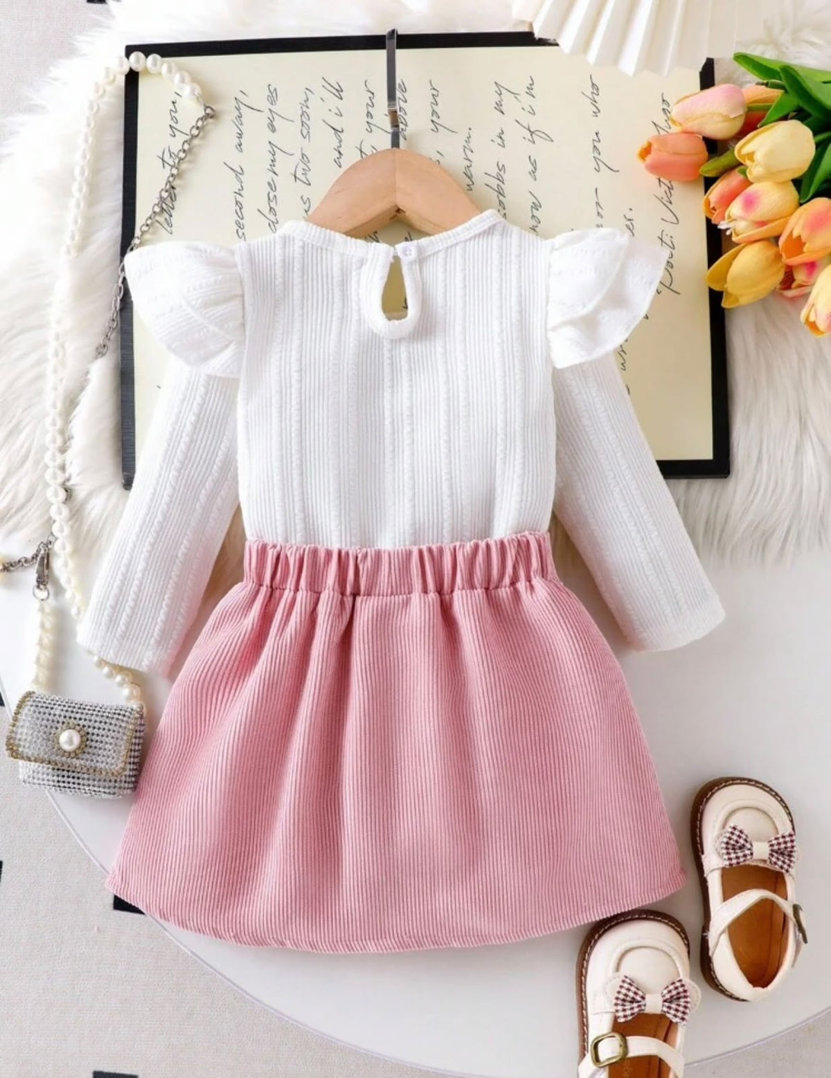 White Ruffle Top & Pink Bow Skirt (2 pcs set)