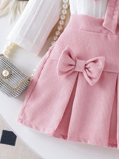 White Ruffle Top & Pink Bow Skirt (2 pcs set)