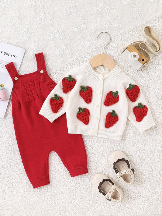 Strawberry Knit Cardigan & Red Jumpsuit (2 pcs set)