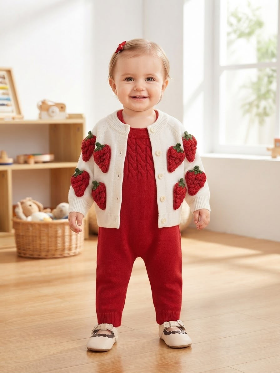 Strawberry Knit Cardigan & Red Jumpsuit (2 pcs set)