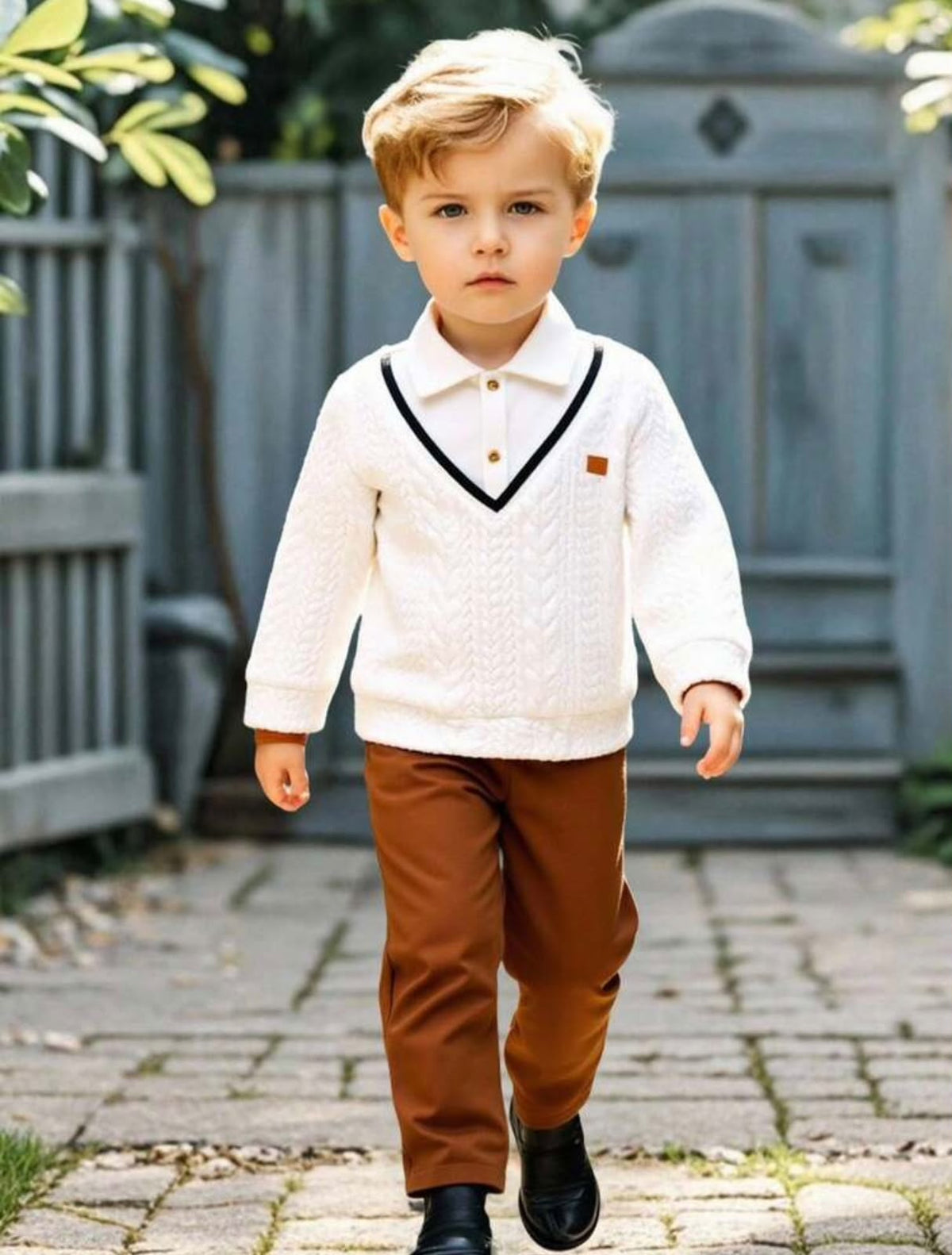 Cream Textured Pullover & Brown Pants (2 pcs set)