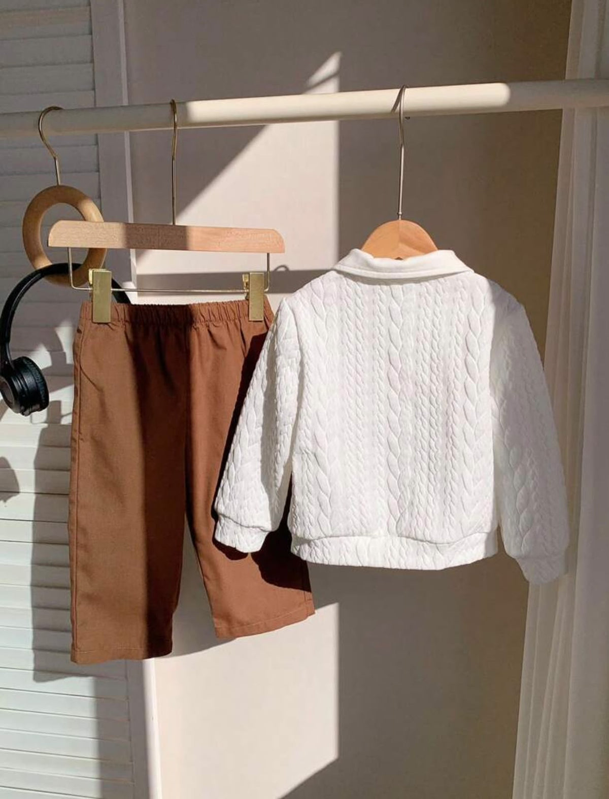 Cream Textured Pullover & Brown Pants (2 pcs set)