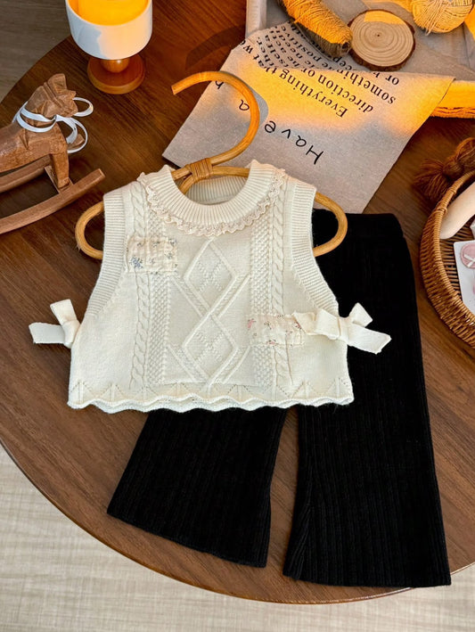 Cream Cable Knit Vest & Black Ribbed Pants 2-Piece Set
