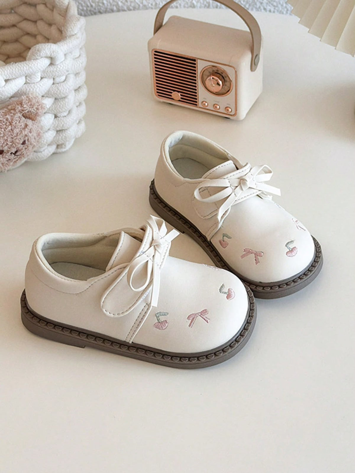 Cream Embroidered Cherry Bow Shoes