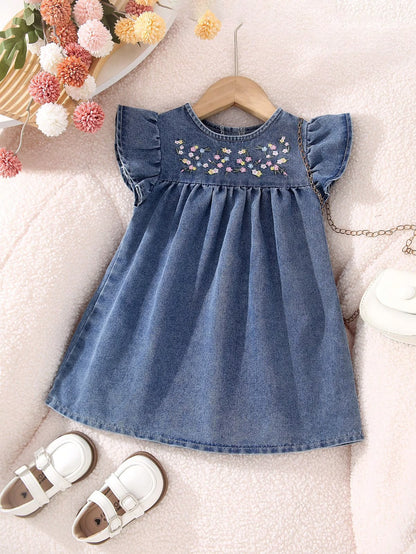 Flutter Sleeve Denim Dress with Floral Embroidery