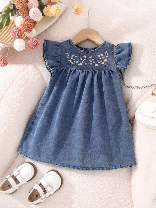 Flutter Sleeve Denim Dress with Floral Embroidery