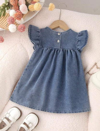 Flutter Sleeve Denim Dress with Floral Embroidery